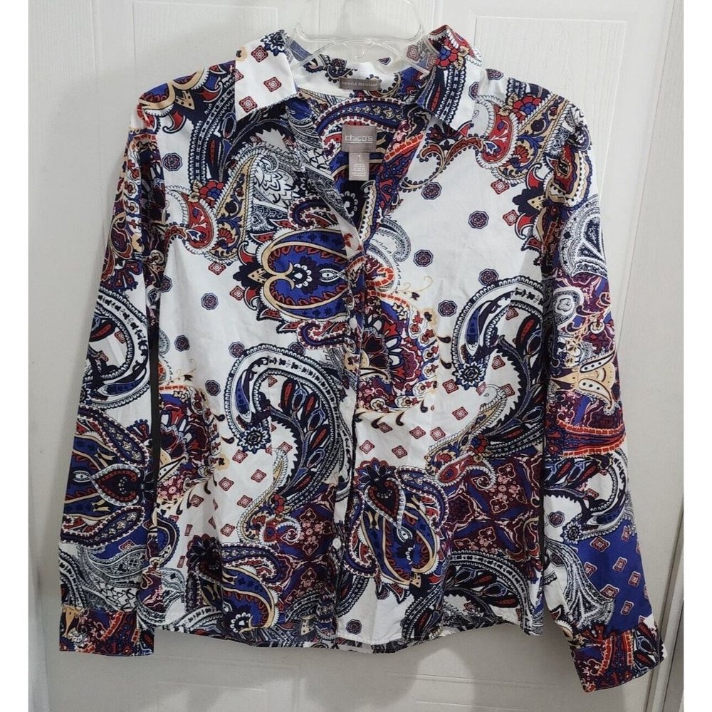 Chicos Wrinkle‎ Resistant Button Up Blouse Top Long Sleeve Paisley Sz 1 (Medium)